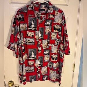 Puritan Vacation Shirt Men Sz XL Button Front Red Lighthouse Sailing SS Collared